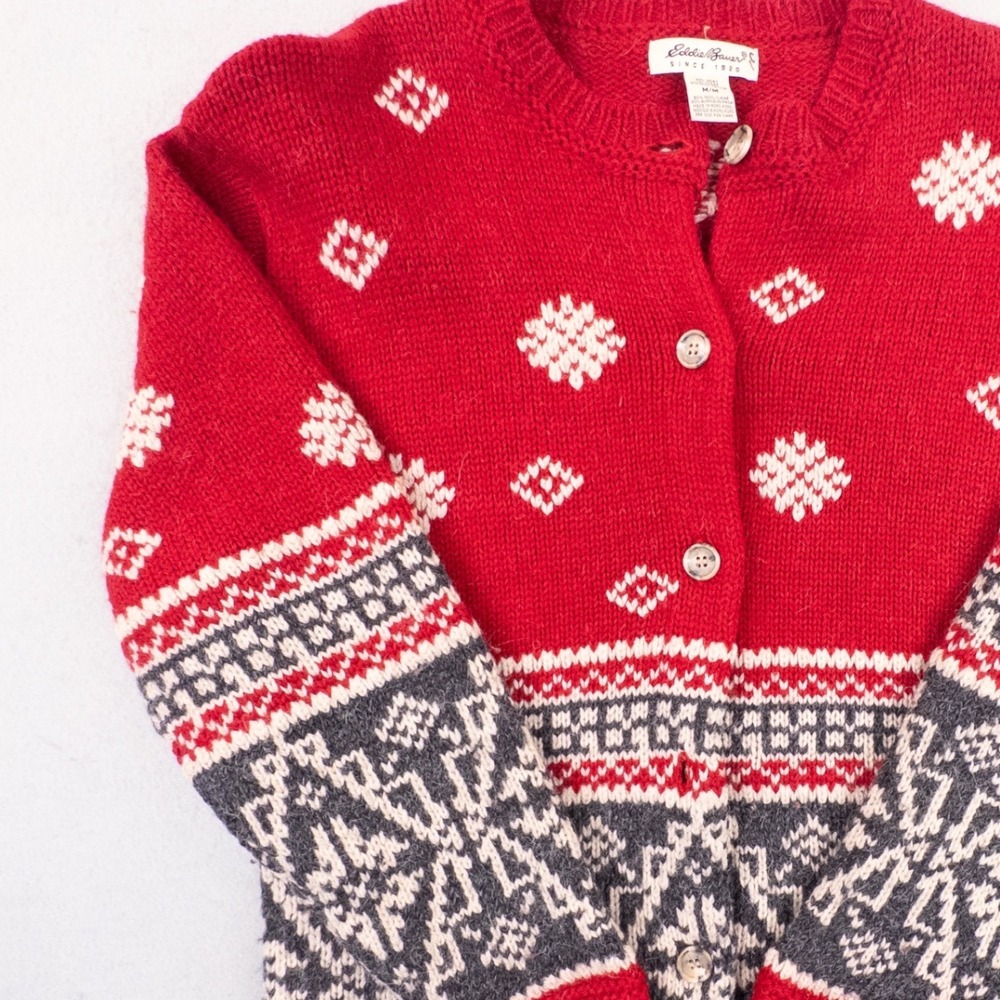 Vintage Eddie Bauer Nordic Fair Isle Wool Alpaca Cardigan Sweater Red Womens M